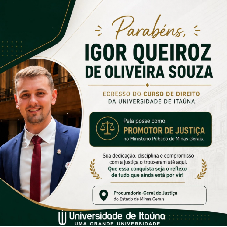 Igor Queiroz de Oliveira Souza, egresso do curso de Direito da Universidade de Itaúna